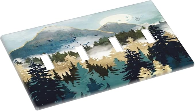 Boho Mountain Forest Abstract Sunset Sunrise Sun Quad Toggle Light Switch Covers 4 Gang Wall Plate Decorative Switchplate Electrical Faceplate for Country Bathroom Bedroom Decor