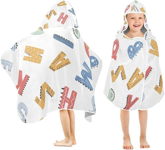 Kids Hooded Beach Towel, Cute Dinosaur Alphabet Print Beach Bath Towel with Hood for Boys Girls 50"x23.5", Soft Absorbent Quick Dry Beach Swim Pool Towel for Toddler