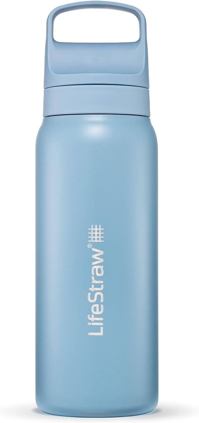 LifeStraw Go Series – Insulated Stainless Steel Water Filter Bottle for Travel and Everyday use removes Bacteria, parasites and microplastics, Improves Taste, 24oz Icelandic Blue