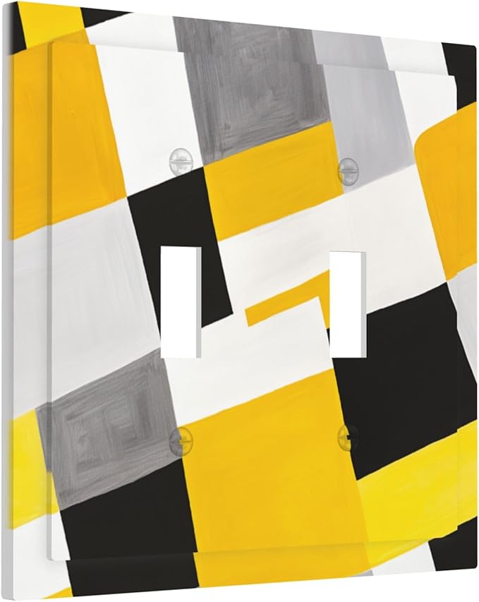 Geometric Yellow Gray Black White Double Toggle Light Switch Covers 2 Gang Wall Plate Dual Decorative Switchplate Electrical Faceplate for Bathroom Country Kitchen Bedroom Decor, 4.9" x 5"