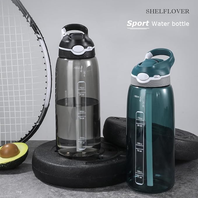 SHELFLOVER Black Water Bottle With Narrow Straw, BPA FREE Clear Bottles With Handle One Hand Use Easy Carried, Flip Up, Suit School, Office, Gym, Office For Men, 32oz (1000ml)