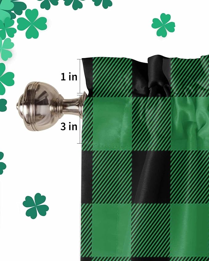 St. Patrick's Day Buffalo Plaid Kitchen Curtains Valances for Windows Lucky Shamrocks Clover Rod Pocket Window Treatment for Kitchen /Living Room/Bedroom/ Bathroom, 54" X 18", Rustic Green Black