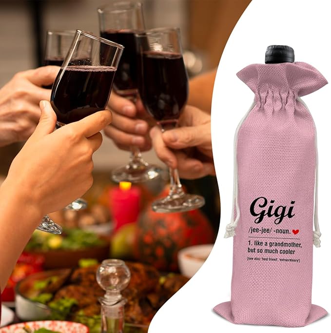 HOIJAUMAI Gigi Gifts for Grandma, Grandma Gift From Granddaughter Grandson, Grandma Wine Bag Gigi Definition Wine Gift Bags (Pink)