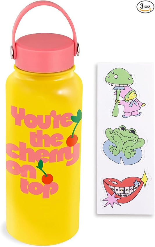 ban.do Large Water Bottle with Waterproof Sticker Pack, Stainless Steel Double Wall Tumbler, 33 Oz Insulated Metal Water Bottle with Twist on Lid and Strap (Cherry on Top)