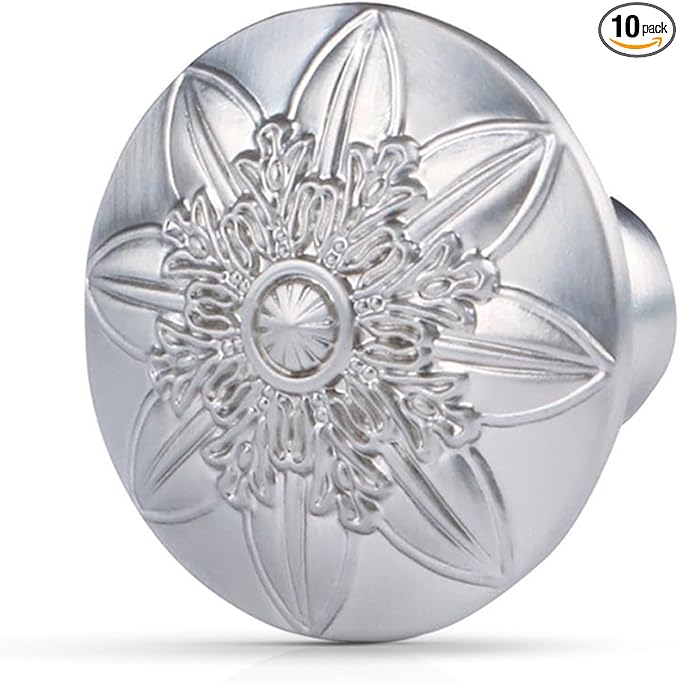 Cabinet Knobs, 10 Pack Brushed Nickel Zinc Alloy, 1-2/5'' Round Knobs for Cabinets and Drawers, Flower Drawer Knobs Dresser Knobs,Included Screws