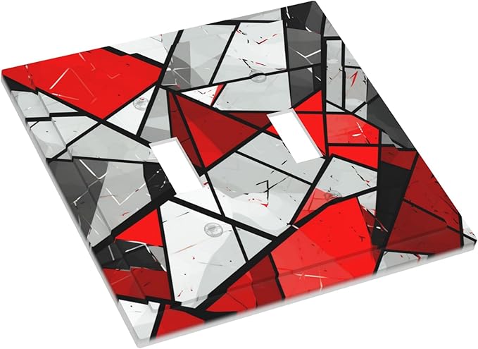 Red Gray Black White Geometric Double Toggle Light Switch Covers 2 Gang Wall Plate Dual Decorative Switchplate Electrical Faceplate for Bathroom Country Kitchen Bedroom Decor, 4.9" x 5"