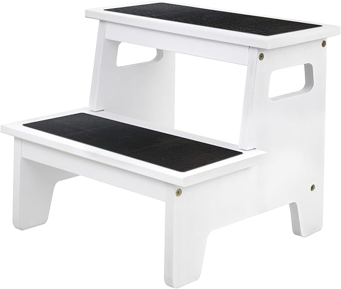 Kids Step Stools for Toddlers Bathroom Wood Toddler Step Stool Kitchen Counter Sink Baby Stepstools Bamboo Wooden Foot Bed Stool for Child Potty Training Toilet Stool Stepping Stool, White with Pads