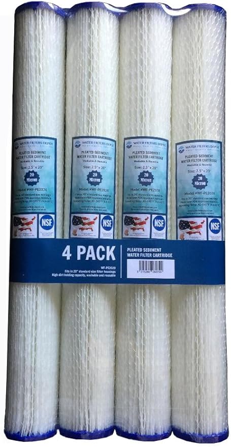WFD, WF-PE205 2.5"x20" 5 Micron Pleated Sediment Water Filter Cartridge, Fits in 20" Standard Size Housings of Filter Systems (4 Pack, 5 Micron)