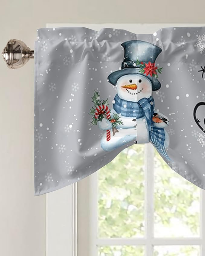 Snowman Christmas Blackout Tie Up Valance Curtains for Kitchen Windows Let It Snow Winter Holiday Window Toppers Balloon Shades for Living Room/Bathroom/Bedroom,1 Panel, 42" X 12", Grey White