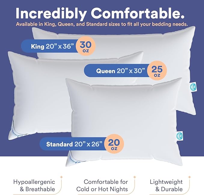 Continental Bedding Medium Queen Set of 2 White Down Pillows 25 Ounce 550FP Hotel Down Pillows for Supporting Back Side and Stomach Sleepers