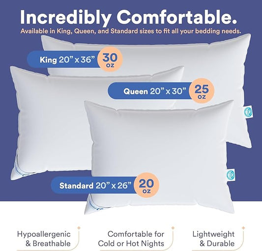 Continental Bedding Medium Queen Set of 2 White Down Pillows 25 Ounce 550FP Hotel Down Pillows for Supporting Back Side and Stomach Sleepers
