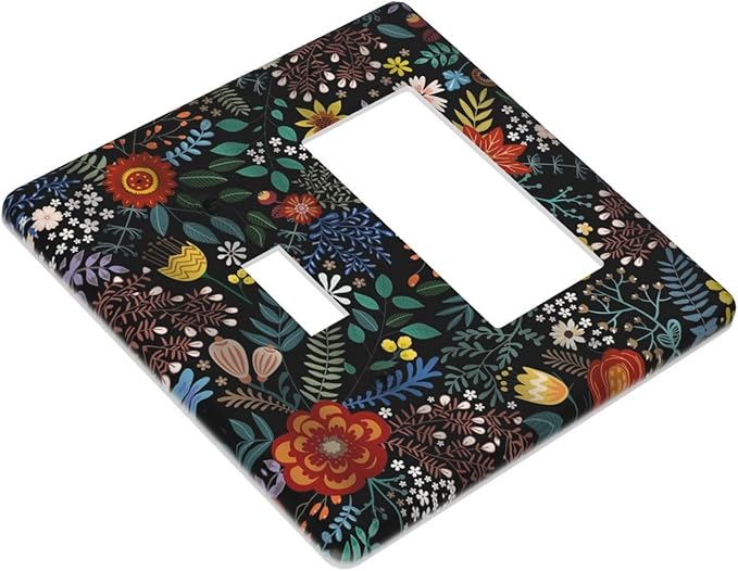 Vintage Colorful Flower Boho Floral Rustic Dark Leaves 2 Gang Single Toggle Rocker Combination Light Switch Covers Wall Plate Cover Electrical Faceplate Decorative Switchplate for Farmhouse Bedroom