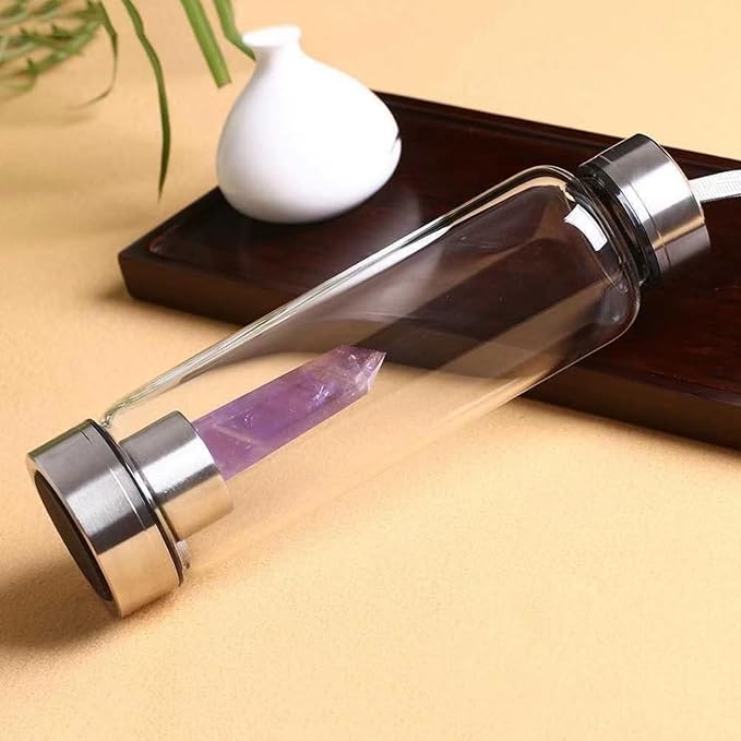 Natural Amethyst Glass Water Bottle Vitality Crystal Energy Stick Water Cup Sports Portable Drinking Water Bottle Gemstone Setting Balance Healing Women Men Gifts