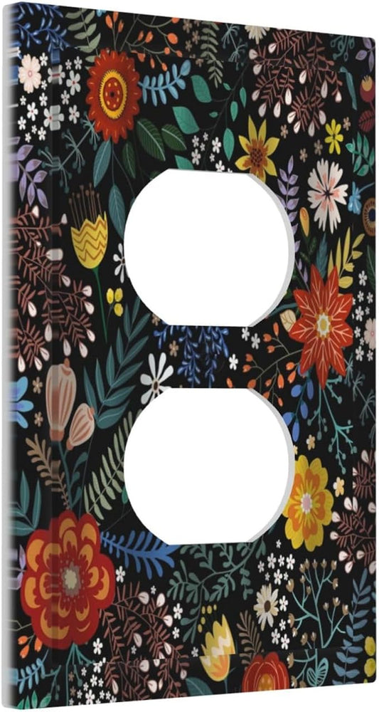 Vintage Colorful Flower Boho Floral Rustic Dark Leaves Single Duplex Wall Plate Covers Light Switch Cover 1 Gang Outlet Plate Decorative Switchplate Covers Electrical Faceplate for Farmhouse Bedroom