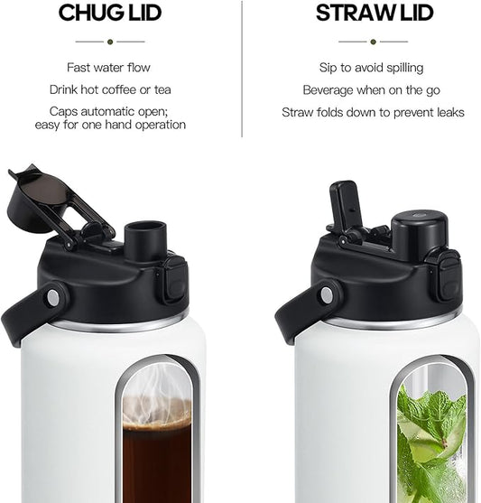 Half Gallon Insulated Water Bottle with 2-in-1 Lid (Chug Lid/Straw Lid), 40/64oz Double Walled Vacuum Stainless Steel Water Bottles, Water Jug with Straw
