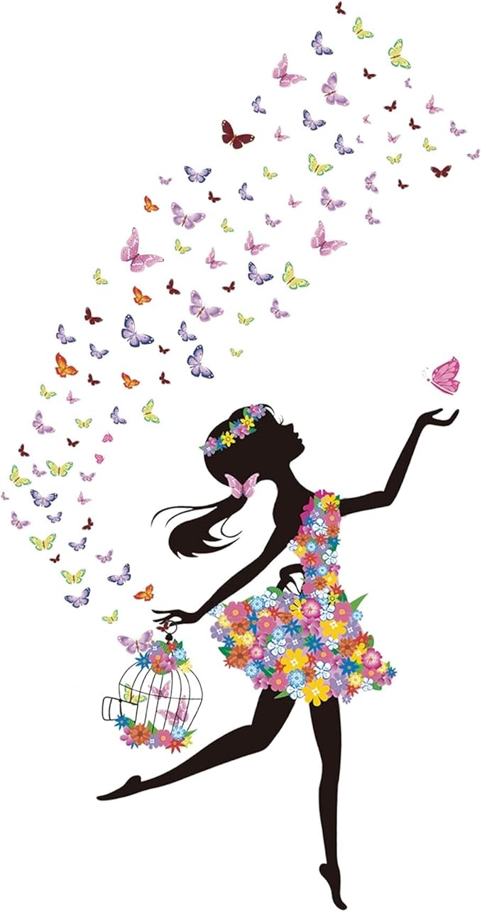 Flower Fairy Wall Decals Peel and Stick Large Princess Wall Decals for Girls Bedroom with Birdcage Pink Butterfly Wall Decor Stickers for Baby Girl Nursery Living Room Classroom (2 Sheets)