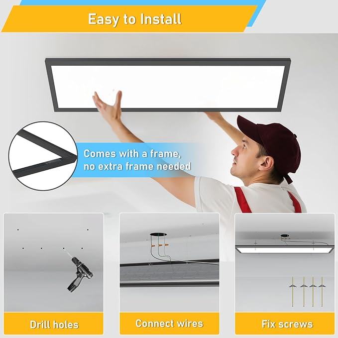 AIKVSXER 6Pack 1x4 Black LED Flat Panel Light Surface Mount 50W 4CCT 5500Lm with Night Light, 3000K/4000K/5000K/ Flush Mount Ceiling Light, for Household and Commercial-ETL