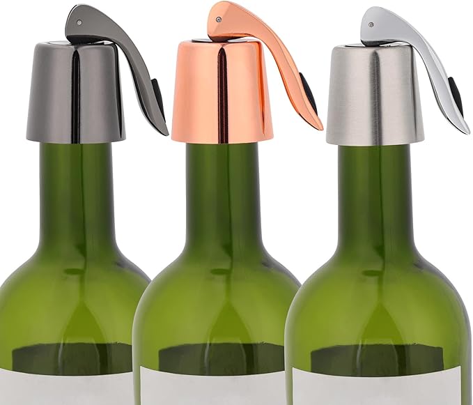 3Pcs Stainless Steel Wine Stoppers, Reusable Wine Bottle Stopper with Silicone Seal, Wine Saver and Decorative Bottle Sealer, Beverage and Wine to Keep Fresh (Silver+Black+Rose Gold)