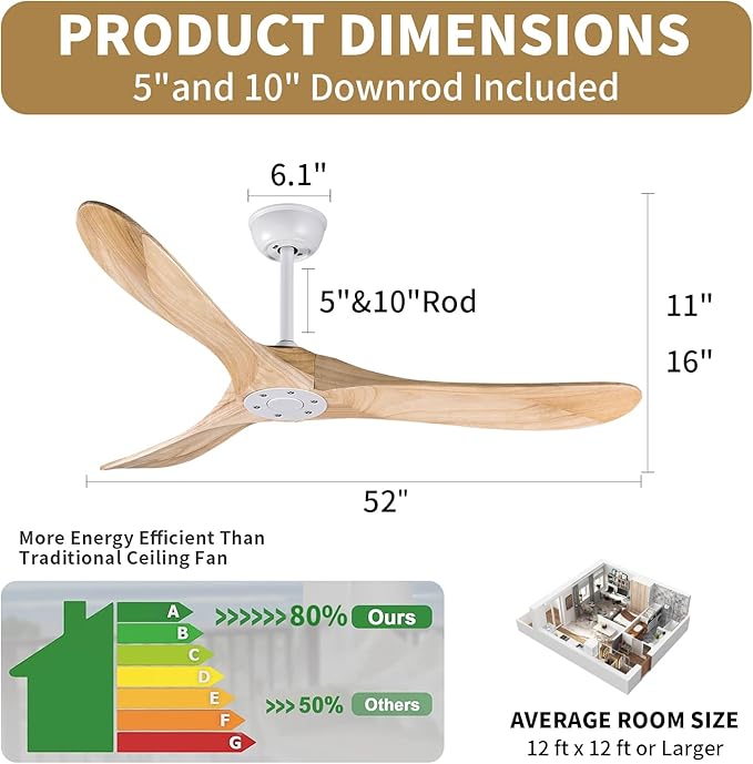 Bigzone 52" Modern Ceiling Fan No Light, DC Motor Energy Saving, 3 Solid Wood Blades, Outdoor Ceiling Fan With Remote Control,Reversible Blades