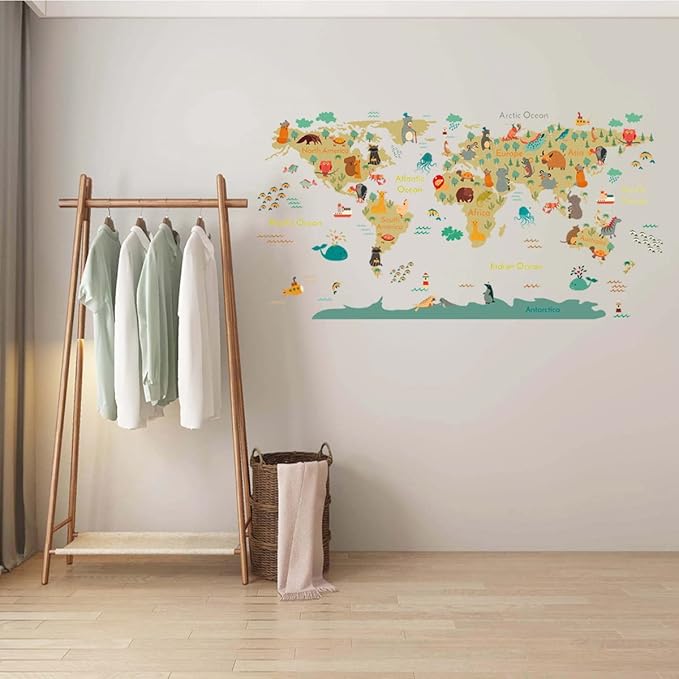 Animal World Map Wall Stickers Cartoon Lion Bear Travel Wall Decals Peel and Stick Removable Wall Stickers Baby Kids Bedroom Nursery Toddler Room Living Room Wall Sticker Decor