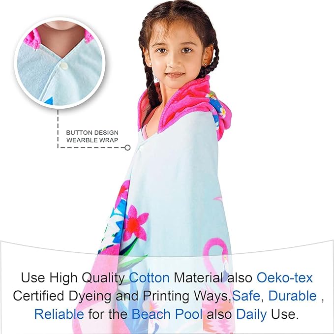 VOOVA & MOVAS Flamingo Hooded Towels for Girls Age 3-10, Soft | Thick |100% Cotton | Absorbent Wrap Towel, Perfect for Beach, Pool, Bath, Swim, Tropical Flamingo