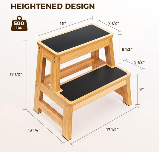 StrongTek 17 Inch Tall Wooden Two Step Stool for Adults & Kids, Versatile as Kitchen Step Stool, Bedside Step Stool, Closet Step Stool, Anti-Slip Surface for Safety & Stability, 500lbs Capacity