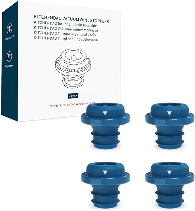 KITCHENDAO Wine Saver Vacuum Stoppers for Wine Bottles,Keep Wine Fresh for Up to a Week with Airtight Seal,Suitable for KITCHENDAO Wine Saver Pump,Set of 4 (Blue)