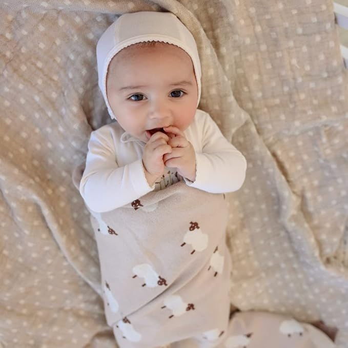 Knit Baby Swaddle Blanket for Boys - 100% Cotton Soft Cozy Lightweight Receiving Swaddling Crib Stroller Quilt Blanket for Newborns Infants Toddlers (Sheep - Baby Blue)