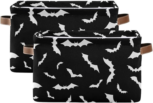 Halloween Black Bat Storage Basket Fabric Kitchen Baskets Spooky Happy Halloween Open Home Storage Bins Boxes Foldable Organizer Bag for Baby Cloth Pet Toy Book Shelf Closet Baskets 16×12×8 Inches
