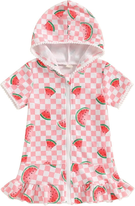 Toddler Beach Towel with Hood Kids Waffle Swim Cover Up Bath Towel Surf Poncho Boys Girls Hooded Beach Towel (Pink Watermelon, 2-3 Years)