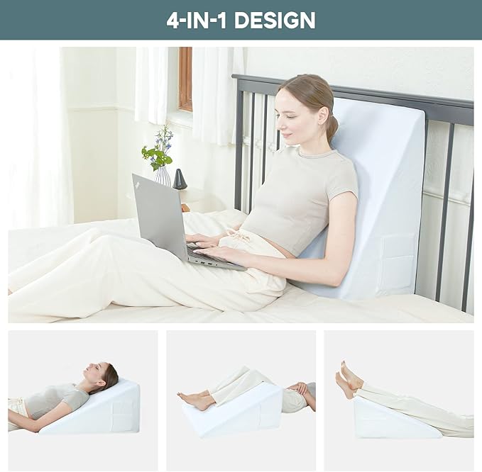 Bed Wedge Pillow, Triangle Pillow Wedge, 10" 24" 24" Cooling Memory Foam Top, Elevated Support Wedge Pillow for Relieving Acid Reflux, Heartburn, Snoring and GERD