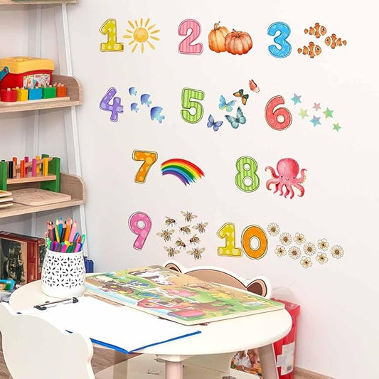 Colorful Numbers and Animals Wall Decal - 94x37cm Decorative Sticker for Kids' Rooms