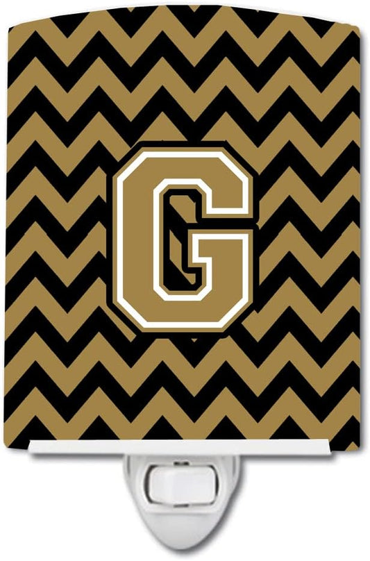 Caroline's Treasures CJ1050-GCNL Letter G Chevron Black and Gold Ceramic Night Light Compact, UL-Certified, Ideal for Bedroom, Bathroom, Nursery, Hallway, Kitchen, 6x4x3, Multicolor
