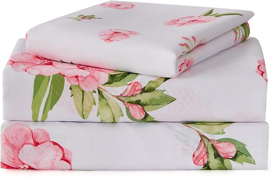 Twin Sheets Set White Pink Floral Bed Sheets Set Girls Cute Microfiber Cooling Sheets 3 Pieces Kids Twin Size Bed Set Wrinkle Free, 15 inch Deep Pocket Fitted Sheet, Flat Sheet, Pillowcase