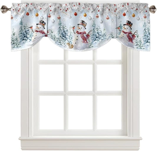 Snowman Blackout Tie Up Valance Curtains for Kitchen Windows Blue Merry Christmas Tree Red Balls Squirrel Window Toppers Balloon Shades for Living Room/Bathroom/Bedroom,1 Panel, 60" X 18", Winter
