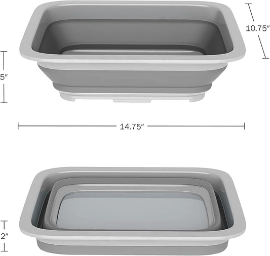 Wakeman 10L Gray Collapsible Multiuse Bin-Portable Wash Basin/Dish Tub/Ice Bucket with 10 L Capacity for Camping, Tailgating, Outdoors, 14.75” L x 10.75” W x 5” H