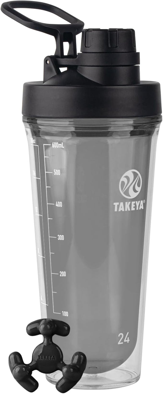 Takeya 24 oz Tritan Plastic Shaker Bottle - Premium BPA Free Protein Shakes Mixer, Leakproof Spout Lid, Shatterproof, Stormy Black