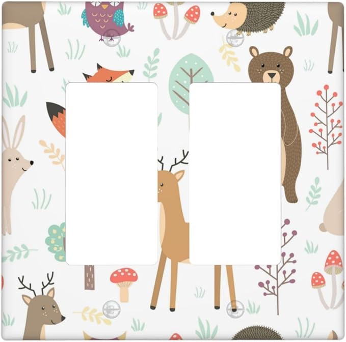 Cartoon Animal Deer Bear Fox Light Switch Cover Decorative Double Rocker Plastic Wall Plate Outlet Cover for Women Girls Bedroom Kitchen Living Room Decor 4.5 * 4.5