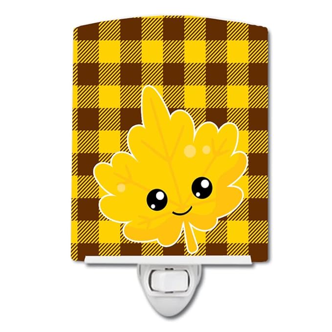 Caroline's Treasures BB7110CNL Fall Leaf on Gingham Ceramic Night Light Compact, UL-Certified, Ideal for Bedroom, Bathroom, Nursery, Hallway, Kitchen, 6x4x3, Multicolor