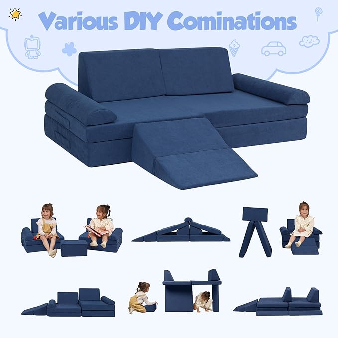 Kids Couch, 9 PCS Play Couch Sofa for Kids Imaginative Furniture Play Set for Creative Kids,Toddler to Teen Bedroom Furniture, Couch Sofa Foam Play Couch Indoor Outdoor(Chenille Blue)