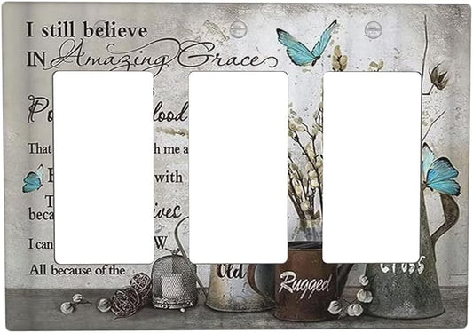 Blue Butterfly Rustic Flower Inspirational Quotes 3 Gang Rocker Light Switch Covers Triple Outlet Wall Plate Decorative Switchplate Cover Faceplate GFCI for Farmhouse Country Bedroom Kitchen Decor