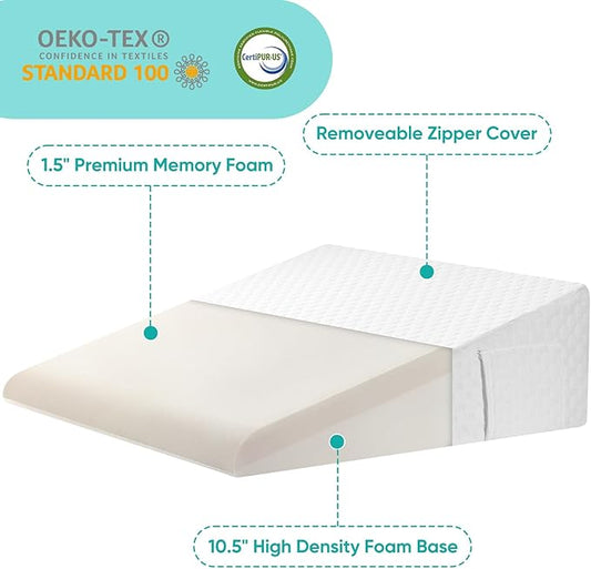 Bed Wedge Pillow for After Surgery Premium 7.5" Wedge Pillow for Sleeping with Memory Foam Top, Triangle Pillow Wedge for Acid Reflux Snoring Post Surgery Leg Elevation Back & Knee Pain Relief -White