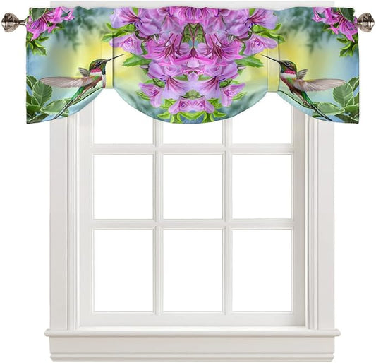 Pink Flowers Blackout Tie Up Valance Curtains for Kitchen Windows Hummingbird Window Toppers Balloon Shades for Living Room/Bathroom/Bedroom,1 Panel,60" X 18"
