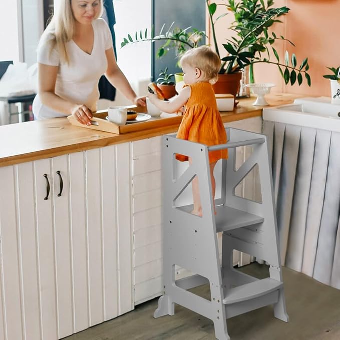 Toddler Step Stool - Toddler Tower with Message Boards & Safty Rail, Adjustable Height Learning Tower for Toddlers 1-3, Chalkboard and Whiteboard, Anti-Slip Protection,Wooden Toddler Counter (Grey)