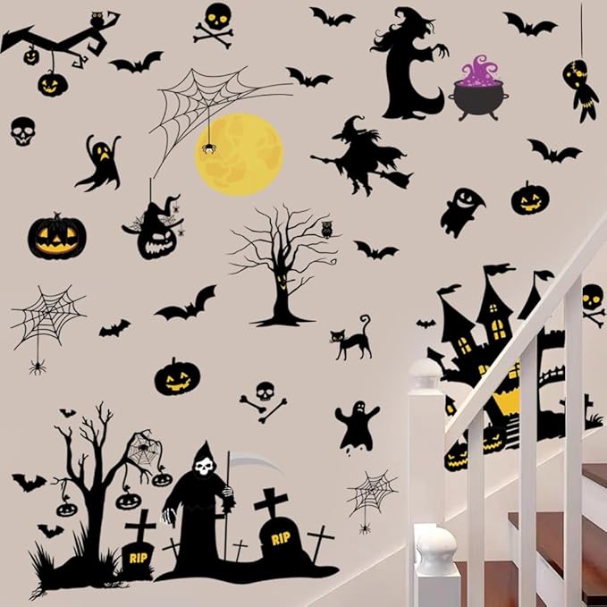 Halloween Witch Wall Decals Halloween Moon Bat Wall Stickers Happy Halloween Wall Decor Peel and Stick Vinyl Bat Ghost Spider Pumpkin Wall Art for Halloween Party Supplies.