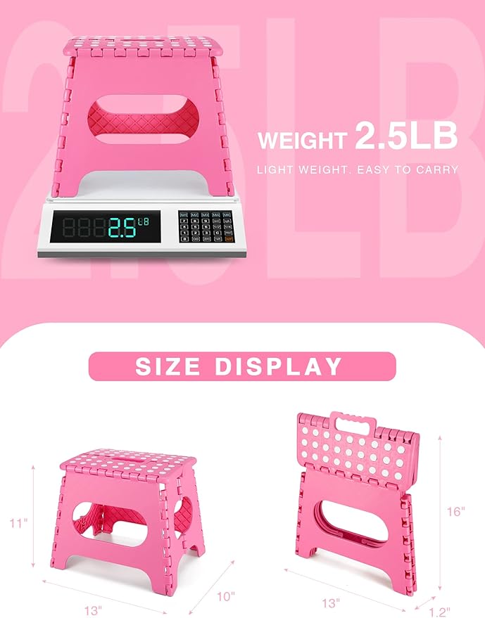 Folding Step Stool 11", Durable Kids Step Stool, Heavy Duty Step Stools for Adults, Compact Foot Stools, Light-Weight Toddler Step Stool for Kitchen, Bathroom, Holds Up to 300 lbs (Pink)