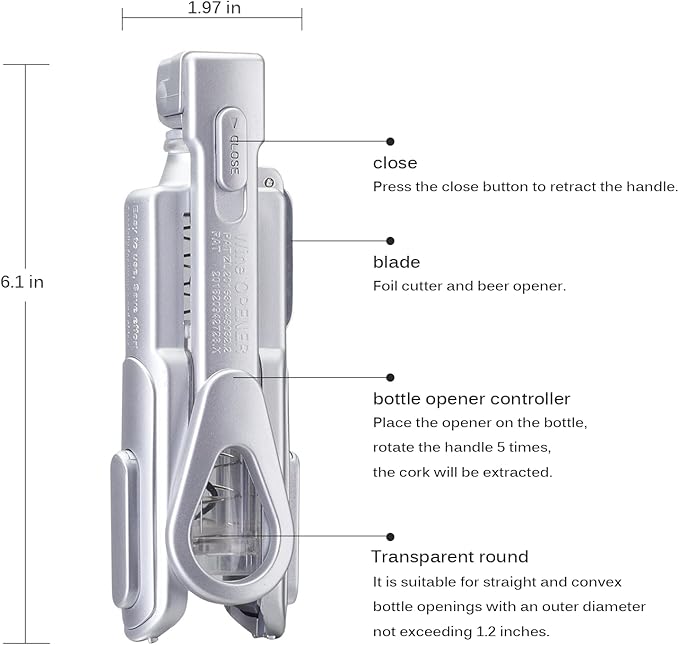 Wine Opener, Wine Corkscrew With Foil Cutter, 6 Inches, Easy To Use And Lightweight Wine Bottle Opener, Silver
