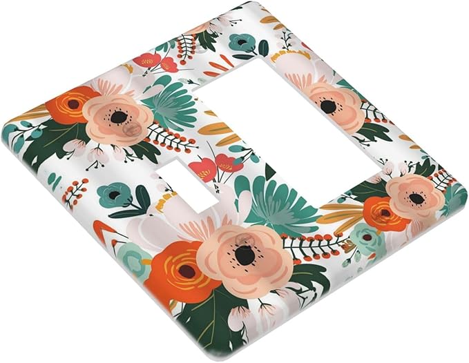 Rustic Floral Boho Colorful Flower 2 Gang Single Toggle Rocker Combination Light Switch Covers Wall Plate Cover Electrical Faceplate Decorative Switchplate for Farmhouse Bathroom Bedroom Decor