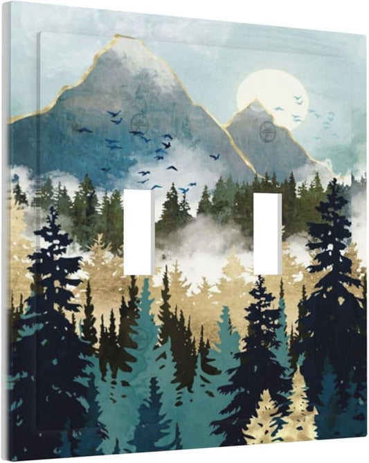 Boho Mountain Forest Abstract Sunset Sunrise Sun Double Toggle Light Switch Covers 2 Gang Wall Plate Dual Decorative Switchplate Electrical Faceplate for Country Bathroom Bedroom Decor