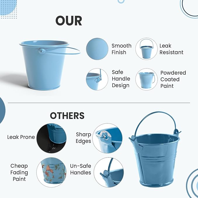 Small Metal Buckets with Handle 6 Pcs – Galvanized Bucket Leak Proof & Rust Resistant 20 fl oz Capacity - Best for Party Décor, Organizing & Decorating Classrooms (Blue, Small 4.3" Top)